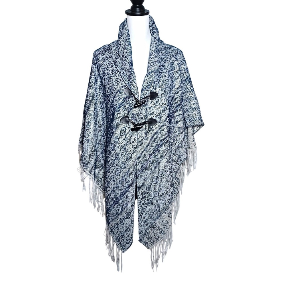 Woven Toggle Poncho Wrap Navy Blue White Geometric Fringe Metallic One Size M/L